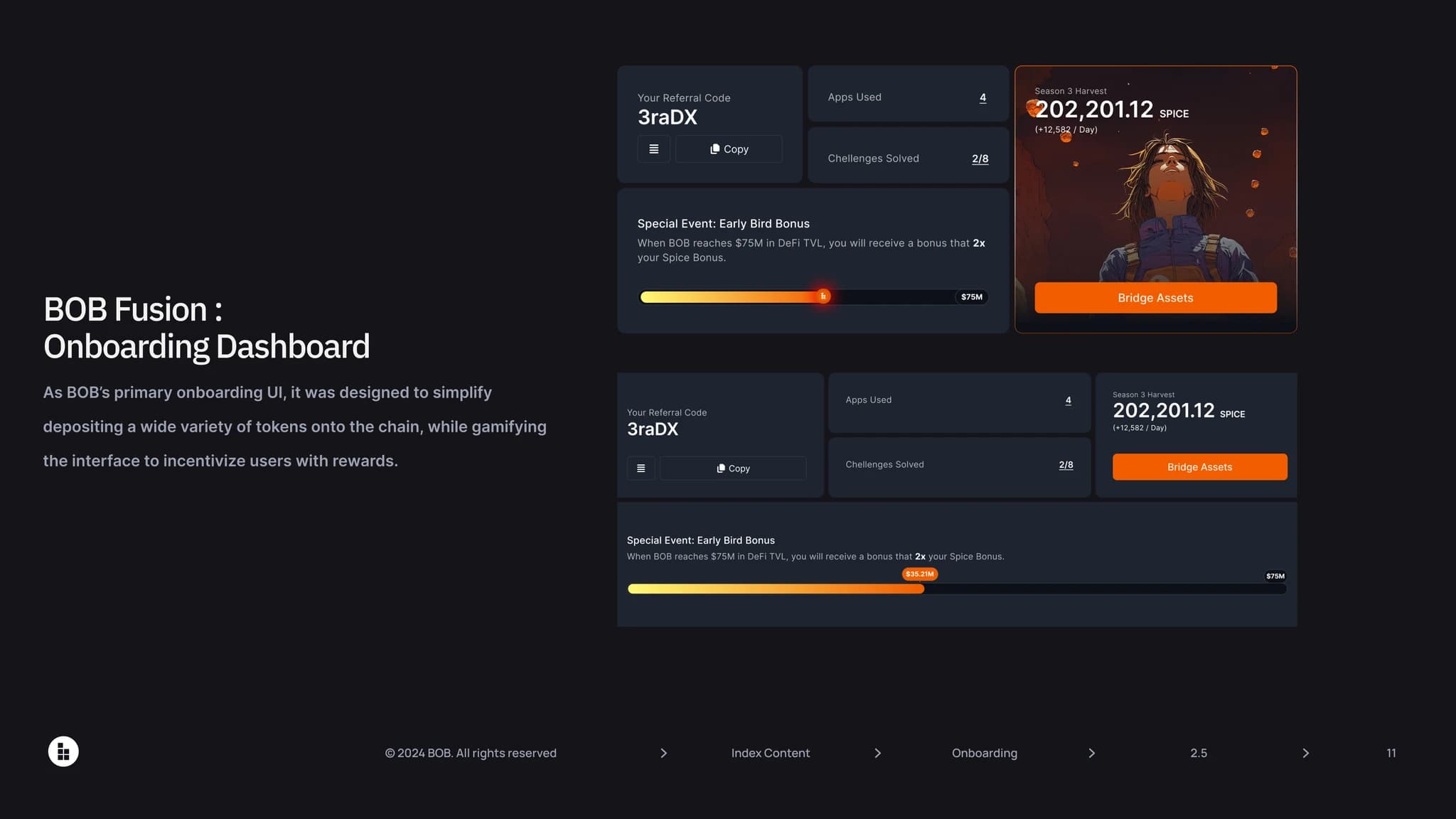 BOB Fusion onboarding dashboard with referral code, Spice harvest stats, Early Bird Bonus progress, and Bridge Assets call to action
