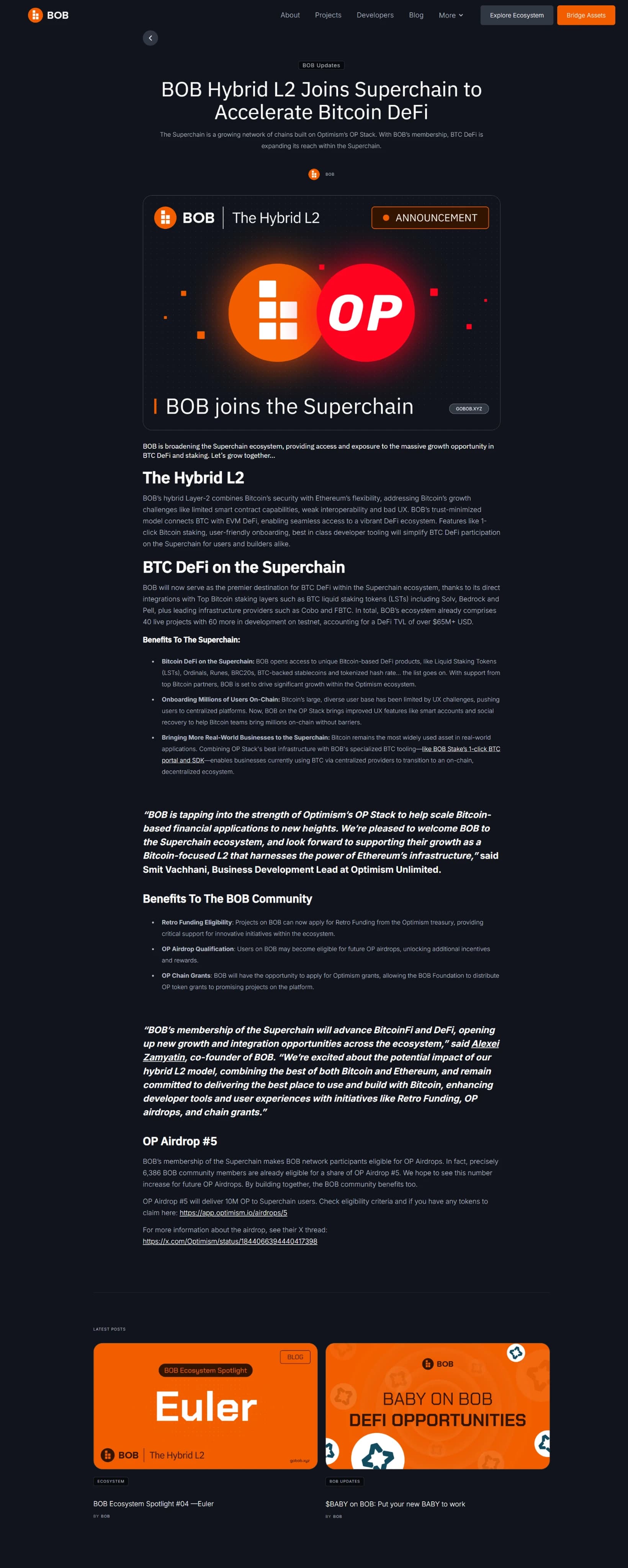 BOB blog article page announcing the BOB Hybrid L2 joining the Superchain to accelerate Bitcoin DeFi