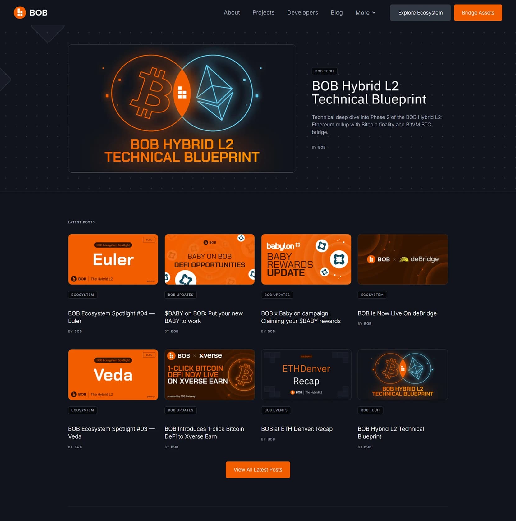 BOB blog index featuring the Hybrid L2 Technical Blueprint post and latest ecosystem updates