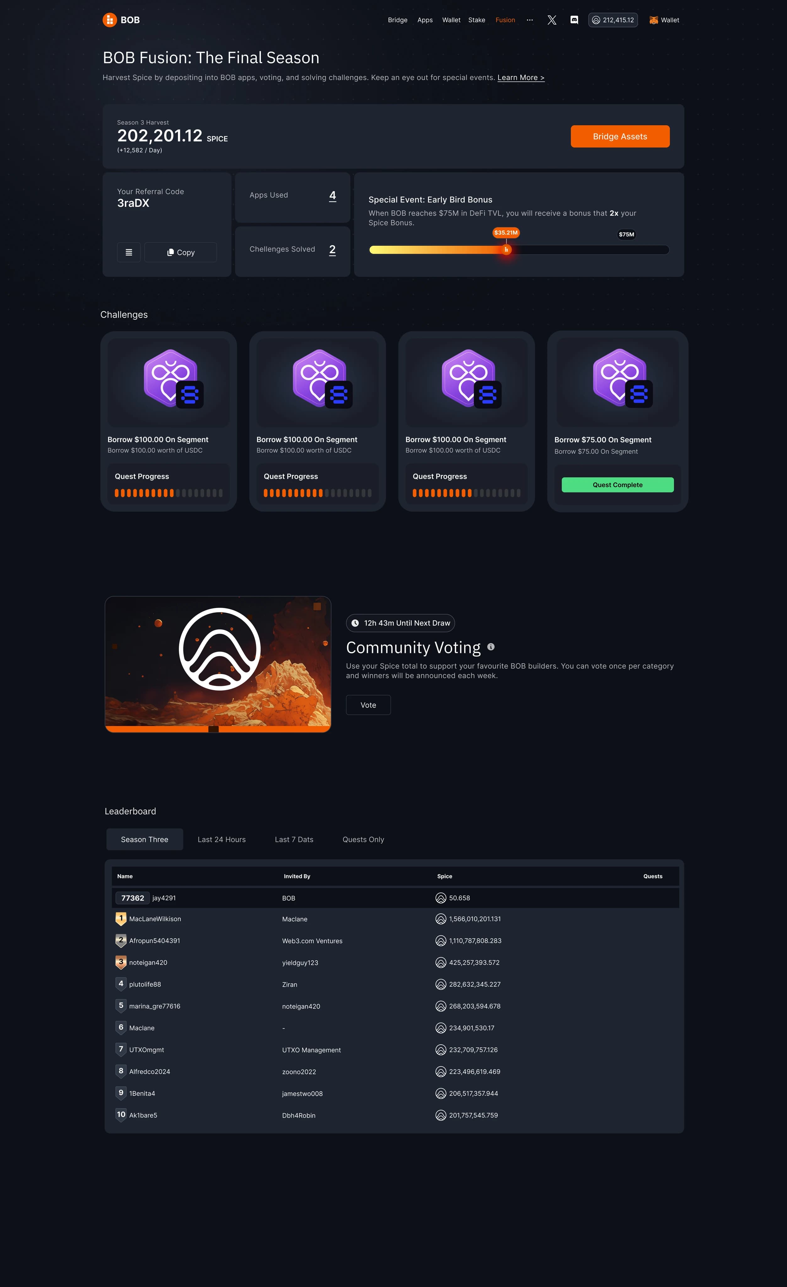 BOB Fusion: The Final Season page with deposit challenges, community voting, and seasonal leaderboard