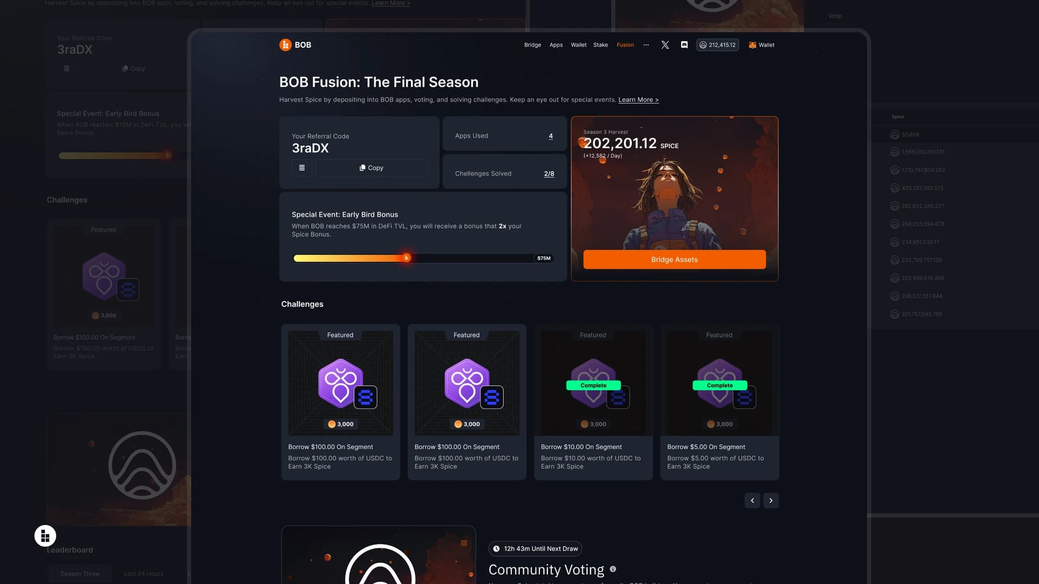 BOB Fusion seasonal dashboard close-up showing Spice harvest stats and featured borrowing challenges