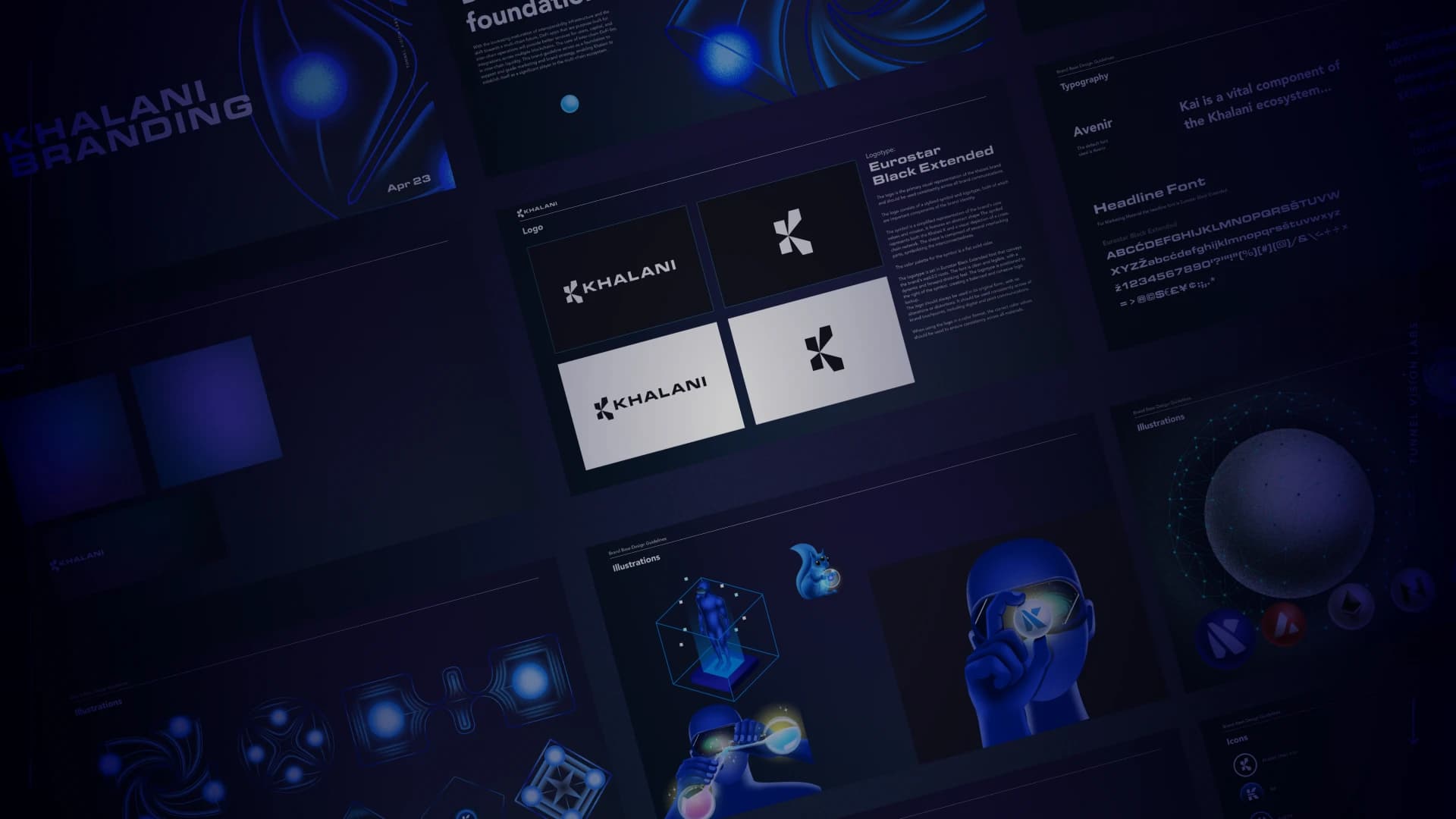 Khalani brand guidelines overview showing the logo system, Eurostar Black Extended typography, and 3D brand illustrations