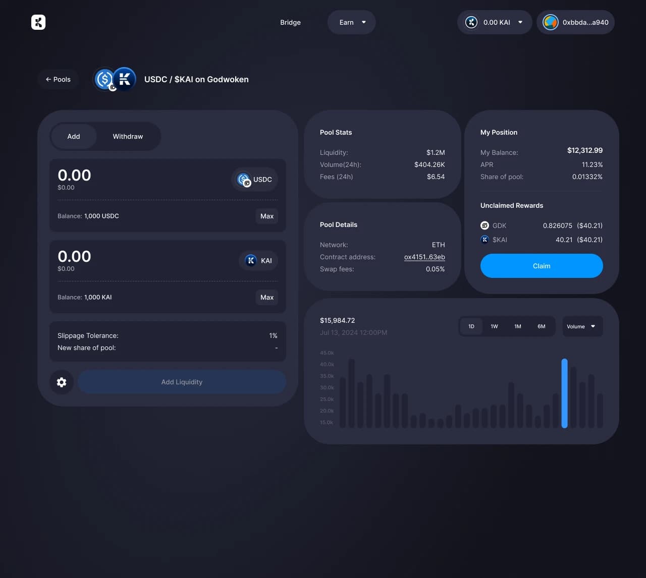 Khalani liquidity pool page for USDC/$KAI with pool stats, my position panel, unclaimed rewards, and volume chart