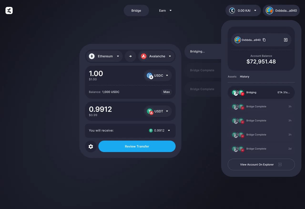 Khalani bridge interface bridging USDC on Ethereum to USDT on Avalanche, with account balance and transaction history panel