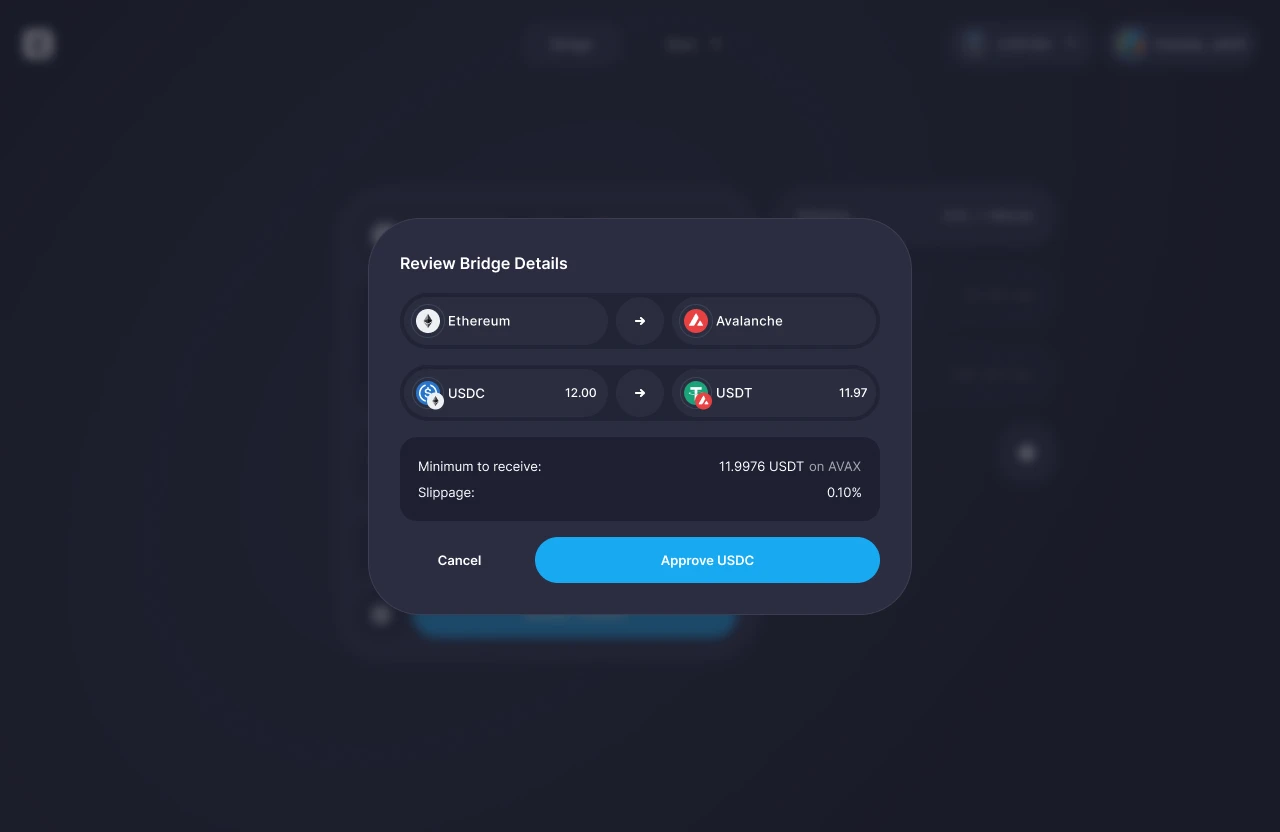 Khalani review bridge details modal confirming a USDC to USDT cross-chain transfer with minimum received and slippage