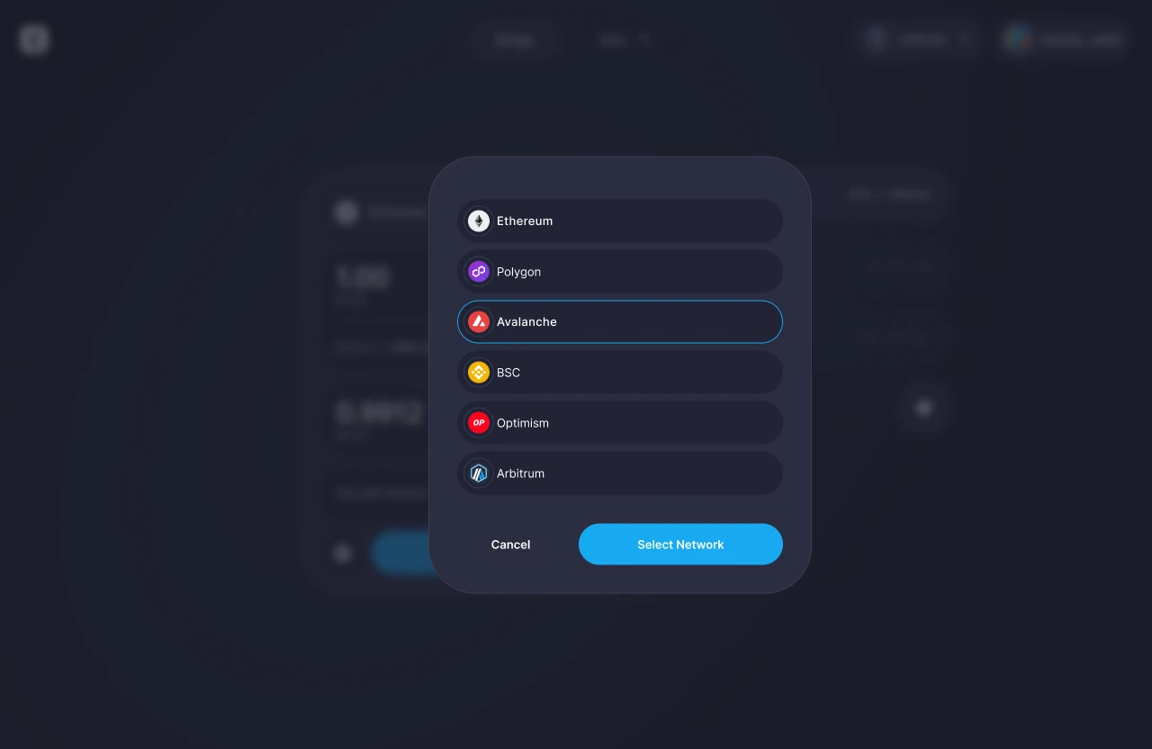 Khalani network selection modal listing Ethereum, Polygon, Avalanche, BSC, Optimism, and Arbitrum
